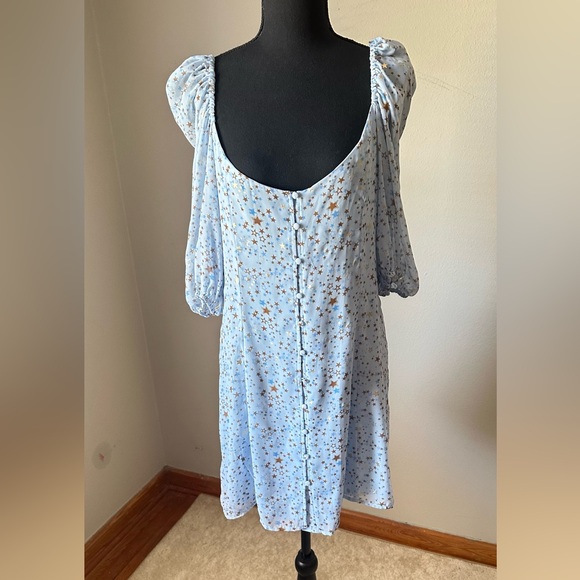 Buddy Love Blue Puff Sleeve Star Print Mini Dress Womens M Blogger Favorite - Picture 3 of 7
